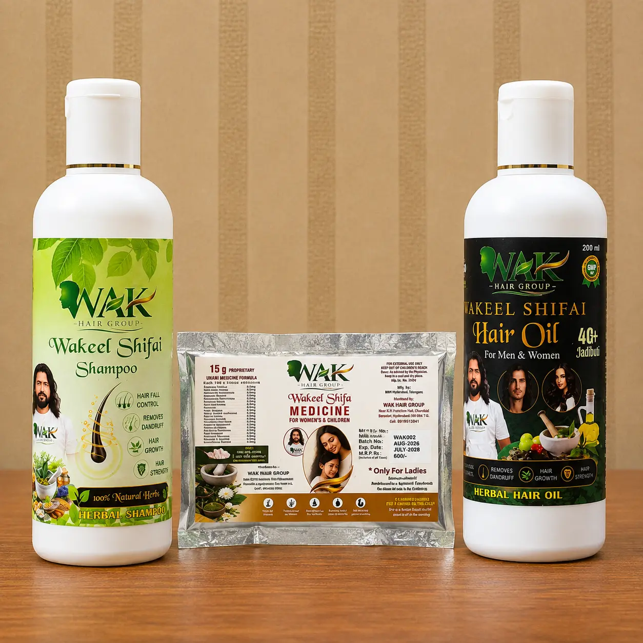 Wakeel Shifa Complete Hair Care Combo for Ladies & Children — shampoo, medicine and hair oil