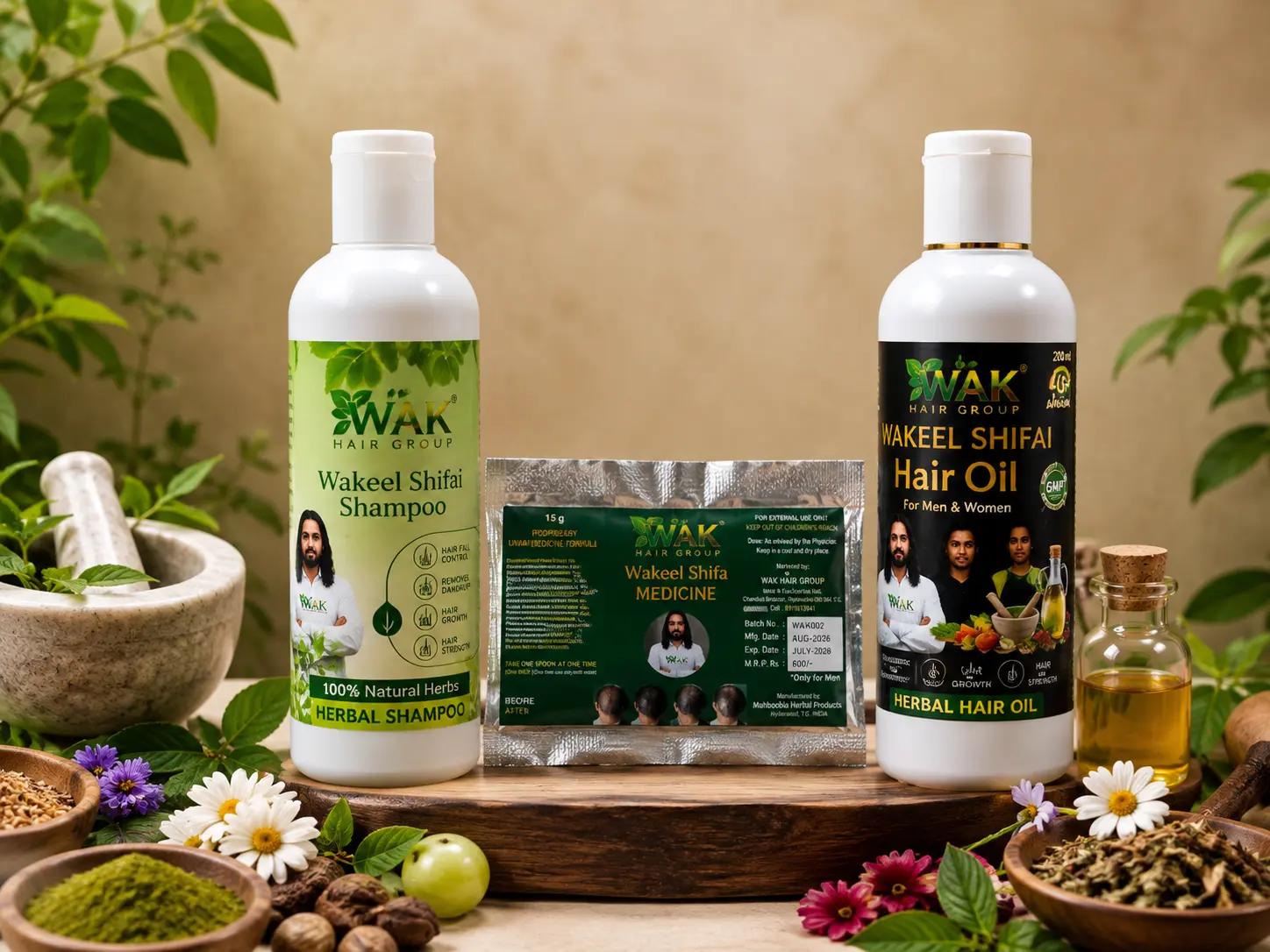 WAK Hair Group product range: Shampoo, Medicine, and Hair Oil