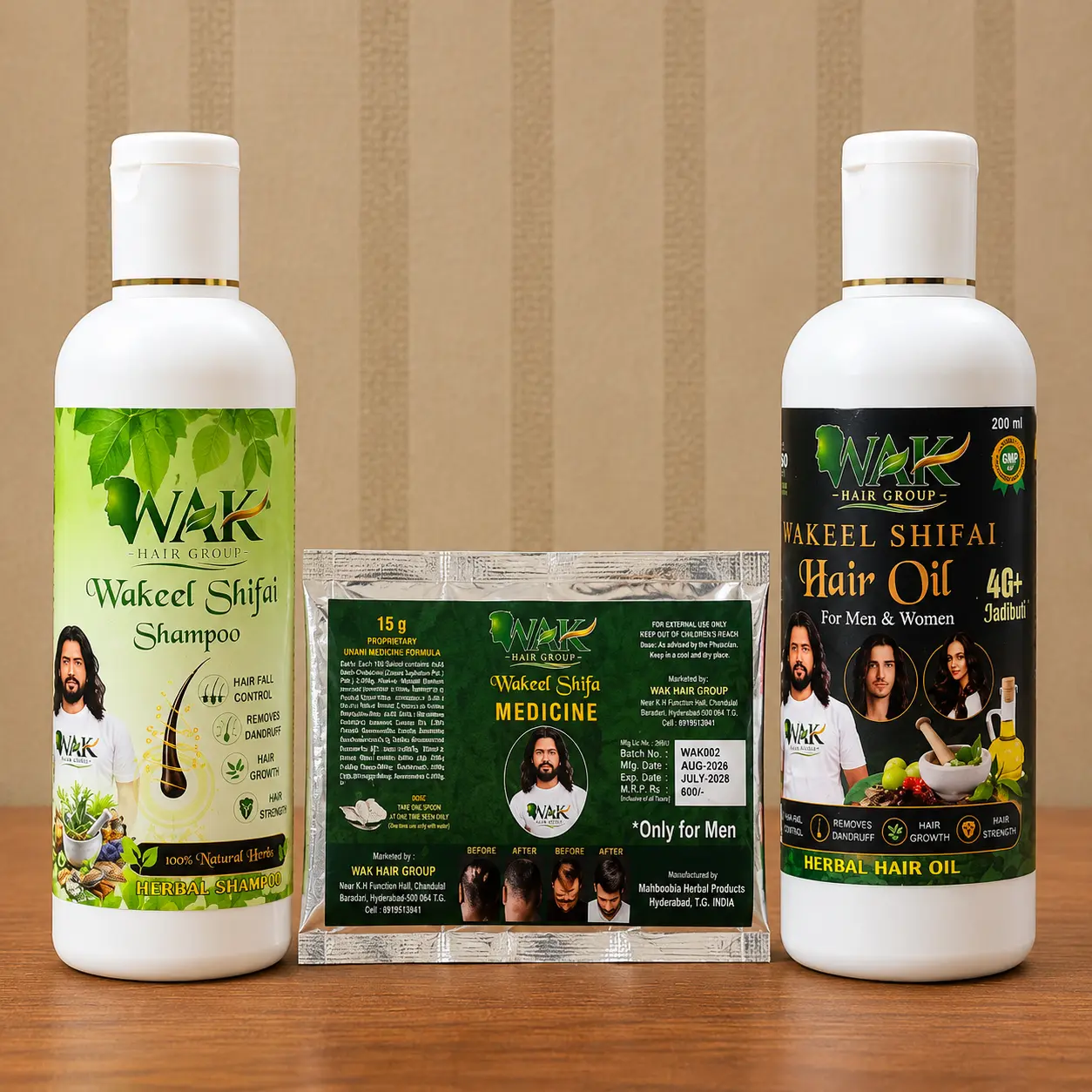 Wakeel Shifa Complete Hair Care Combo for Men — shampoo, medicine and hair oil